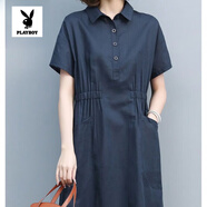 花花公子（PLAYBOY）女裝2025春秋季新款棉麻連衣裙寬松顯瘦氣質(zhì)收腰洋氣短袖 藏青色短 袖 L _100-115斤