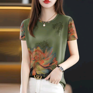 2025簡(jiǎn)約爆款短袖t恤女新款夏季時(shí)尚大碼百搭印花遮肚T恤女上衣女 11款復古綠大花黃 XL 106斤-119斤