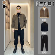 自語(yǔ)（ZIYU）【三件套】秋春裝男華夫格大碼工裝夾克套裝休閑寬松翻領(lǐng)百搭外套 咖啡外套+毛衣+腰帶褲 M  建議（90一120斤）