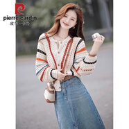 皮爾卡丹（pierre cardin）彩色條紋毛衣女秋冬新款外穿寬松慵懶風(fēng)鉤花鏤空針織衫上衣外套潮 開衫款 S 建議75-95