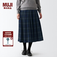 無(wú)印良品 MUJI 女式 羊毛混 抽褶裙 半身長(cháng)裙秋冬季 百褶裙 BEK44A2A 藏青色格紋 S