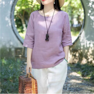 夏典素訂女王2025夏季文藝?yán)C花圓領(lǐng)上衣新款棉麻中袖襯衫寬松純色素雅復(fù)古T恤 紫色 圓領(lǐng)繡花 2XL 建議135-150斤