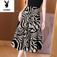 花花公子（PLAYBOY）碎花半身裙女士春夏季新款洋氣百搭a字修身中長(zhǎng)裙大擺裙高腰裙子 杏底豹紋 XL 110-125
