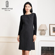 名師路法式條紋連衣裙冬季新品通勤簡(jiǎn)約圓領(lǐng)長(cháng)袖毛呢連衣裙一步裙女 深灰色86 M