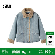 森馬（Semir）牛仔棉服女拼接毛領(lǐng)美式復古2024冬寬松毛邊夾克街頭潮流 牛仔淺中藍88601 L 165/88A