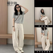 蔓爾依休閑褲女裝夏季2025新款夏裝穿搭一整套時(shí)尚衣服套裝短袖闊腿褲子 上衣+褲子 L