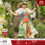 兩三事油畫(huà)風(fēng)連衣裙女秋季梵高碎花法式高腰裙子收腰顯瘦眾星捧月 花色 M