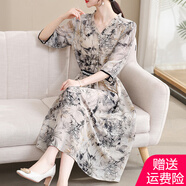 AEMAPE連衣裙女裝2025春夏季新款時尚氣質(zhì)印花中袖收腰碎花中長裙女秋季 黑色花 3XL 建議125-140斤