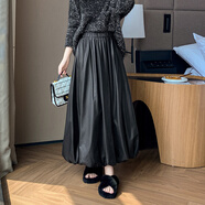 妹丫a字傘裙半身裙女2025秋冬松緊高腰燈籠皮裙遮胯pu皮中長裙子百搭 黑色 XL