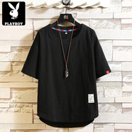 花花公子（PLAYBOY）棉麻短袖t恤男裝夏季半袖寬松上衣服休閑潮流大碼亞麻體恤衫 230黑色 3XL 適合體重(155-170)斤