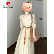 皮爾卡丹法式花邊領(lǐng)黃色長(cháng)袖連衣裙女2025年新款春少女穿搭絕美收腰長(cháng)裙 淺米黃+腰帶【版】 S