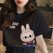 一寸相思拉布布labubu卡通周邊T恤杏色短袖男女純棉百搭休閑小眾正肩上衣 黑色 M (85-100)