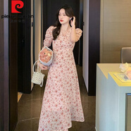 皮爾卡丹法式粉紅碎花連衣裙女2025夏季新款氣質(zhì)V領(lǐng)泡泡袖收腰雪紡中長(cháng)裙 粉紅色(有內里防走光) M 建議95-105斤