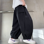 細仔碼頭男童棉麻哈倫褲夏季薄款中大兒童燈籠褲寬松九分防蚊褲嘻哈街舞潮 黑色 120