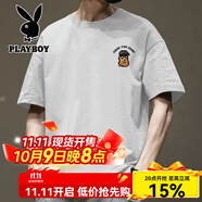 花花公子（PLAYBOY）重磅純棉短袖T恤男2025新款潮牌寬松大碼體恤 白色純棉短袖-3447 M 建議110-130斤