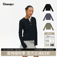 ONEUP華夫格亨利領(lǐng)t恤長(cháng)袖美式復古顯瘦修身打底衫白色百搭休閑上衣 黑色 M