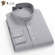 老人頭（LAORENTOU）100%純棉長(cháng)袖襯衫男士中青年商務(wù)休閑立領(lǐng)牛津紡條紋襯衣春秋新款灰色38