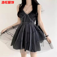 口旋韓國夏季法式感V領(lǐng)高腰顯瘦拼接網(wǎng)紗蓬蓬裙吊帶連衣裙女 灰色 S