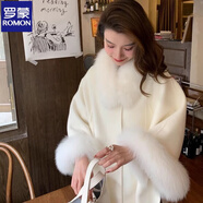 羅蒙（ROMON）斗篷型韓版披肩拆卸毛領(lǐng)呢子大衣秋冬新款小個(gè)子時(shí)尚外套女 白色 S 建議90-120斤