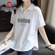 皮爾卡丹（pierre cardin）夏季POLO衫女短袖休閑大碼不規(guī)則弧形下擺寬松顯瘦減齡翻領上衣服 2024白色-大圖【C15-A413】2025 2XL 130-145斤