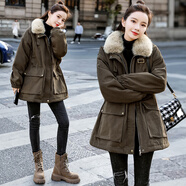 妹丫2025冬裝新款韓收腰繡花加厚牛仔棉衣中長(cháng)款百搭工裝派克服外套女 卡其色 M