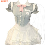 藏顏新款日系JK制服高腰背帶裙蓬蓬蛋糕裙短裙女夏季泡泡袖短袖襯衫兩 三件套-藍(lán)色襯衫+米色背帶裙+蝴 S 【合適65斤-80斤內(nèi)】