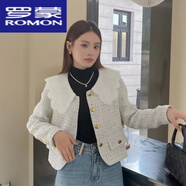 羅蒙（ROMON）2025秋冬新款氣質(zhì)小香風學院風蕾絲娃娃領時尚撞色花紗短外套百搭 米白色 XL