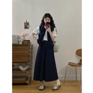耶婷夏天高個(gè)子女裝170-175套裝淑女氣質(zhì)裙子半身裙夏季大碼感減齡穿 藍色馬甲+裙子炸街鹽系輕熟/法 XL