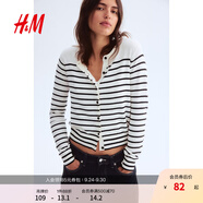 H&M【徐若晗同款】女裝毛針織衫秋慵懶短款打底衫m(xù)iu系薄開衫0579541 白色/條紋 S 160/88