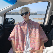 Shelley Jones泡泡紗格紋短袖襯衫男士夏季薄款美式潮牌感半袖襯衣寬松外套 粉色 2XL [推薦140-160斤]