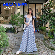 MISS YINER小眾菱格法式中長(zhǎng)款感藍(lán)格子復(fù)古度假過(guò)膝長(zhǎng)裙夏收腰連衣裙女 斜藍(lán)格(小個(gè)子版) L
