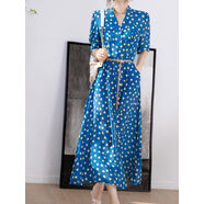 法式復古藍色波點(diǎn)雪紡長(cháng)裙連衣裙女五分袖立領(lǐng)收腰系帶顯瘦長(cháng)裙夏 藍色 S S