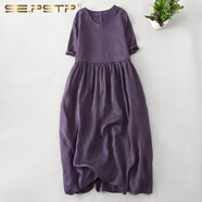 夏典素訂女王（SE.PSTP）棉麻短袖連衣裙女夏季新款2025媽媽寬松v領(lǐng)亞麻刺繡中長(cháng)裙子 圖片色 XL （建議130-150斤）