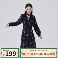 艾萊依商場(chǎng)同款新款系帶蝴蝶結法式氣質(zhì)連衣裙時(shí)尚百搭顯瘦長(cháng)裙子 黑底色花 2XL 175/96A