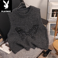 花花公子（PLAYBOY）秋冬疊穿無(wú)袖毛衣馬甲新款蝴蝶亮片后背開(kāi)叉感針織背心女上衣 深灰色升級版 均碼 80-140斤可穿