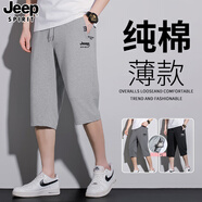 JEEP SPIRIT吉普純棉七分褲男款夏季薄款寬松中褲2025新款跑步休閑直筒短褲男 淺灰色直筒 2XL （建議125-145）斤