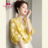 蜜樂(lè )奇春秋時(shí)尚洋氣減齡上衣女印花小衫獨特別致超好看黃色碎花襯衫女裝 黃色襯衫 【高級感/寬松設計/今年流行】 S 建議80-100斤