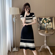 汐燦冰絲針織連衣裙女夏季氣質(zhì)小香風(fēng)鏤空撞色短袖修身顯瘦高腰字裙 黑色 S