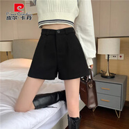 皮爾卡丹黑色毛呢短褲女秋冬季韓版大尺碼a字寬松高腰外穿闊腿松緊腰靴褲 黑色【毛呢款】 XS :70-80