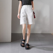 索菲絲爾棉麻高腰闊腿五分褲女2025夏季時(shí)尚百搭顯瘦休閑中褲 白色 26