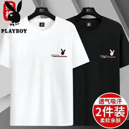花花公子（PLAYBOY）正品純棉短袖恤男夏季透氣體恤上衣寬松大碼簡(jiǎn)約男裝/件 RA兔頭黑+白【超值2件裝】 XL 【建議105-120斤】