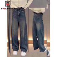 AEMAPE【店鋪】歐貨彎刀牛仔褲女春秋新款梨形身材小個(gè)子直筒寬松闊腿褲 復古藍- 常規 S (建議85-98斤)