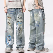 NGFXXN新款美式街頭涂鴉淺色破洞彩繪牛仔褲男直筒寬松闊腿牛仔褲男潮流 淺藍3897 S