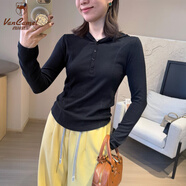 VANCAMEL顯瘦小腰精連帽紐扣開(kāi)領(lǐng)T 慕斯棉親膚修身長(cháng)袖打底上衣 黑色 M