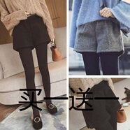 IMPRESSWIT秋冬穿的靴褲女加厚毛呢短褲寬松高腰闊腿褲休閑百搭外穿2025新款 黑色絲襪(兩件裝) S 建議80-90斤