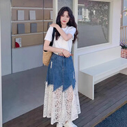 春秋新款韓系設計感小眾洋氣獨特絕美精致顯瘦蕾絲拼接牛仔半身裙 蕾絲牛仔半身裙 S 80-95斤