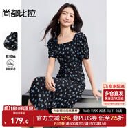 尚都比拉法式連衣裙女夏季方領(lǐng)堆堆袖復(fù)古波點(diǎn)抽褶開(kāi)叉A字裙