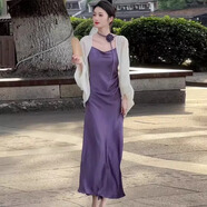 皮爾卡丹（pierrecardin）夏季重要場合輕奢感御姐風(fēng)新中式國風(fēng)紫色緞面吊帶連衣裙套裝 米色披肩+紫色連衣裙 M
