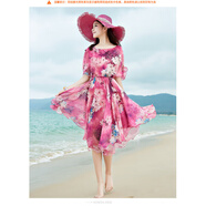 宿萊波西米亞民族風(fēng)連衣裙夏季浪漫女人長(zhǎng)裙沙灘裙夏季海灘雪紡花裙子 玫紅色印花玫紅印花 2XL