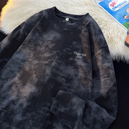 VUUG美式扎染長袖t恤男生純棉復古水洗做舊臟臟款秋季T恤 XL 黑色